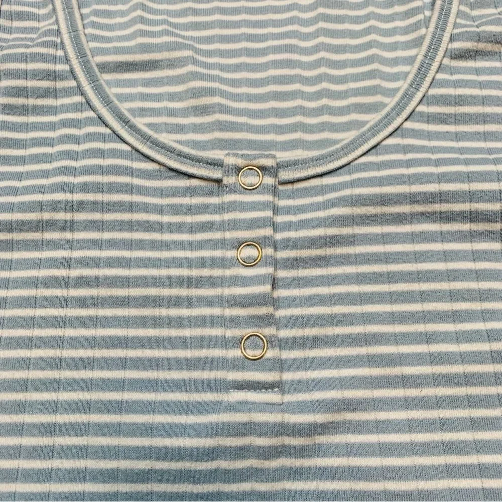 Aerie Blue & White Striped Ribbed Cropped Henley Tank Top | Medium - Picture 3 of 7